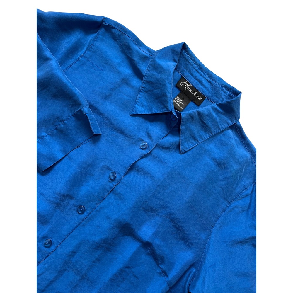Karen Arnold Royal‎ Blue 100% Silk 3/4 Sleeve Button Down Shirt Large RN 99332